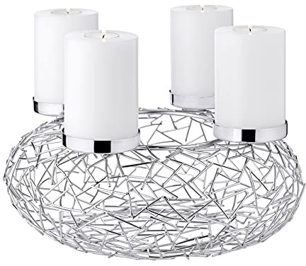 EDZARD Adventskranz Milano (Ø 34 cm), Edelstahl vernickelt, Ast-Design | silberfarben, für Kerzen Ø 8 cm, moderner Kerzenhalter, ideal für Cornelius Dauerkerzen, Adventsdeko, Weihnachtsdeko