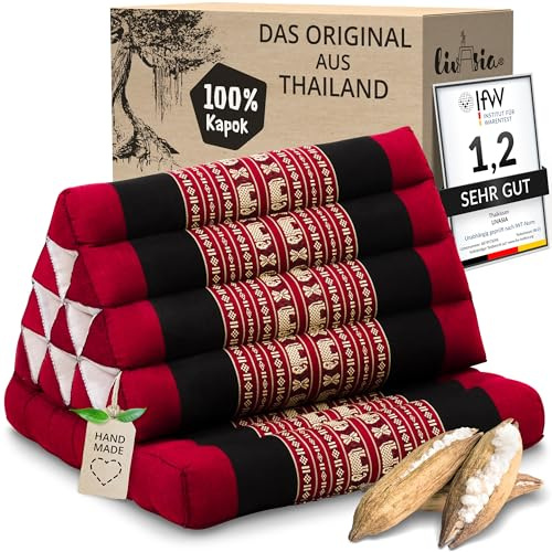 livasia Thaikissen mit 1 Auflage - 75x50x8cm - Dreieckskissen mit Sitzkissen, Keilkissen mit Kapok, Rückenkissen faltbar, Thaimatte zum Klappen, handgefertigt, Meditationskissen (Rot/Elefanten)