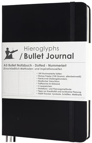 Hieroglyphs Bullet Journal A5 dotted - Hardcover Notizbuch mit 192 nummerierten Seiten, 100 g/m² Papier, 3 Lesezeichen, Gummibandverschluss & Anleitung auf Deutsch, Schwarz