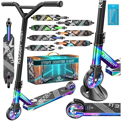 KESSER® Stunt Scooter X-Limit - 360° Lenkung Robuster Funscooter Stuntscooter mit ABEC 9 Kugellagern, 100 mm PU Räder, Kickscooter Tretroller Cityroller Trick Roller für Kinder Erwachsene, Rainbow
