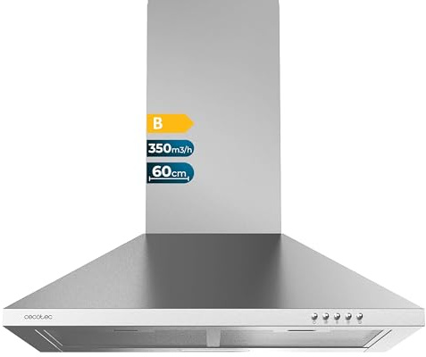 Cecotec Bolero Flux PM 603500 Edelstahl B 603500 Pyramiden-Dunstabzugshaube, 65 W, Edelstahl-Finish, Saugleistung 350 m³/h, mechanische Steuerung, 3 Leistungsstufen, Licht und Kohlefilter