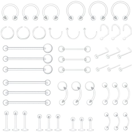 MixPiercing 48 Stück Klare Piercing Retainer aus Kunststoff für Nase Zunge Brustwarze Nippel Bauch Lippen Labret Septum Hoops Ohr Knorpel, Plastik Piercing Platzhalter Schmuck für OP