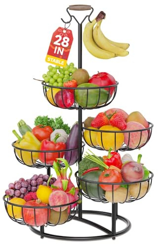PouHenier.jh 5 Etagen Schwarz Obstkorb Obstschale, Groß Mehrstöckig Küche Gemüsekorb mit Bananenhalter, Hoch Metall Rund Obst Etagere Aufbewahrung Obstregal, Eckig Obstbehälter, Einfache Einrichtung