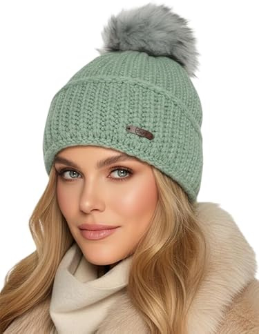 Baesics Strickmütze Mint mit Bommel Classic für Damen & Herren – warme Unisex Wintermütze mit Fleecefutter & Kunstfell Pompon One Size – Beanie Stil