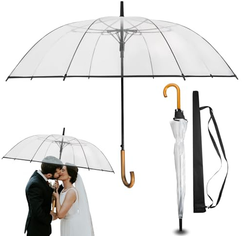 Durchsichtiger Regenschirm Hochzeit mit hochwertigem Echtholzgriff Ø120cm - Eleganter Großer Regenschirm 2 Personen Transparent XXL - Modell CARDIFF