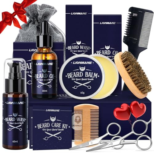 Bartpflege Set für Männer, Vatertagsgeschenk für Männer, Bart Geschenk Lionmane Beard Set 60ML Bartshampoo, 30ML Bartöl, 2 Schere, Balsam, Bürste, Kamm, Tasche, Bartschneider Kamm, Geschenk für ihn