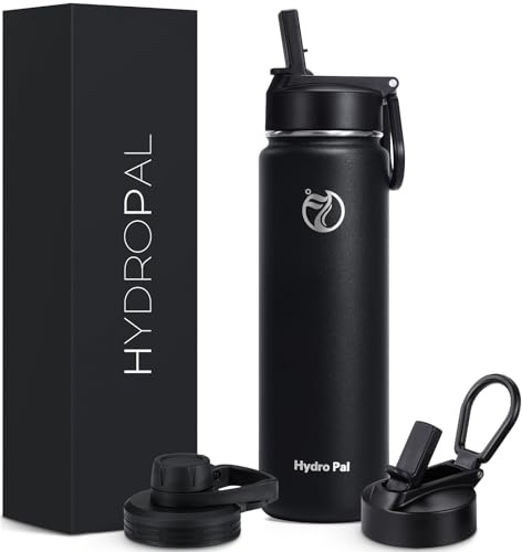 HydroPal Isolierflasche 750ml Edelstahl, BPA-frei, 24h kalt/12h heiß, auslaufsicher, Sport- & Trinkflasche mit Strohhalm & 2 Deckeln(Trinkhalm + Ausguss), rutschfest für Alltag & Sport
