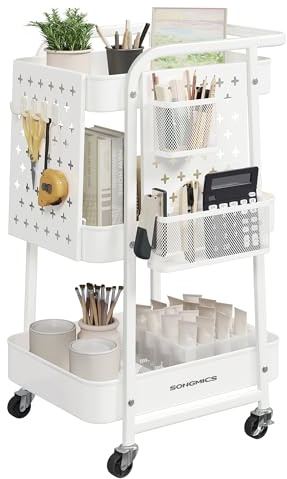 SONGMICS Rollwagen, Küchenwagen, 3 Metallgitterablagen, Servierwagen, 2 abnehmbare Lochplatten, 2 Hängekörbe, 4 Haken, für Büro, Küche, Wohnzimmer, Badezimmer, wolkenweiß LRC037W01