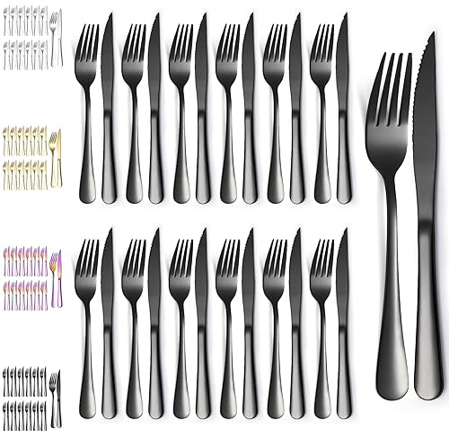 Evanda Schwarze Steakbesteck 24 teilig, Schwarzes Titanbeschichtung Edelstahl 12 Tafelgabeln und 12 Tafelmesser Set, Steakmesser Steakgabeln, spülmaschinenfest