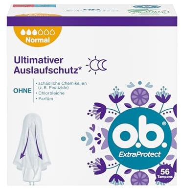 o.b. ExtraProtect Normal Tampons 56 Stk., Tampontechnologie mit extra Schutzflügel und Dynamic Fit Technologie für Tag und Nacht, 100 Prozent Auschlaufschutz