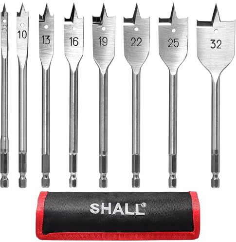 SHALL Spatenbohrer-Set Holz, 8-teilig, 1/4 Zoll Schnellwechsel-Sechskantschaft, Ø 6–32 mm, flacher Holzbohrer, mit Aufbewahrungstasche