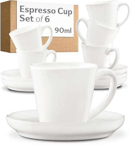 Cosumy Espressotassen Set 6er Weiß 70ml – Mokkatassen mit 6 Untertassen | Espresso Tassen Set 6er, dickwandig hält lange warm, spülmaschinen- & mikrowellenfest, glänzend glasiert, Cups, Barista
