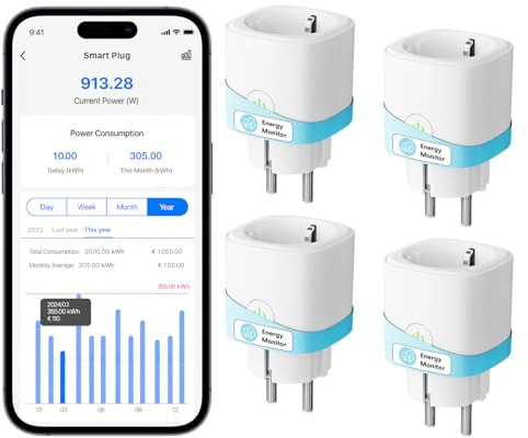 Meross MINI Smarte Steckdose mit Strommessung 16A, WLAN Steckdose mit Sprachsteuerung, Fernzugriff, Smart Home WiFi Steckdosen kompatibel mit Alexa, Google Home, SmartThings, 4er