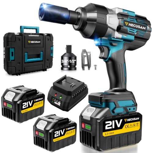 HECUSAM 2100 N.m Akku Schlagschrauber, 3/4 Bürstenloser Motor Schlagschrauber mit zwei 4.5Ah Batterie,1/2-Zoll-Adapter, Drehschlagschrauber und Fall für Haus und schwerer Maschinen