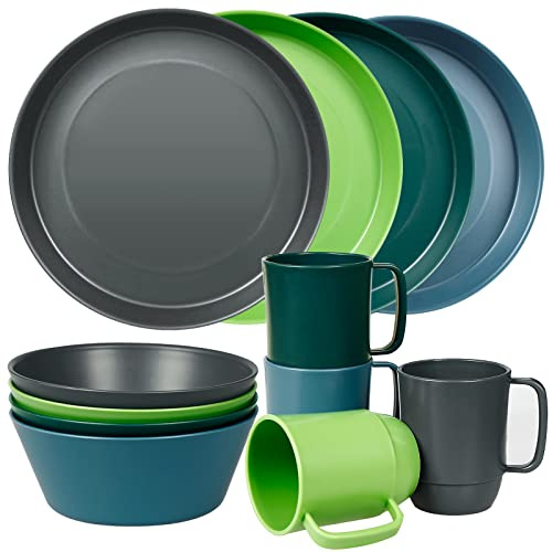 Greentainer Geschirrsets aus Kunststoff | Leichtes und Unzerbrechliches Komplett-Set,Tellerset, Schüsseln,Tassen,Tafel-Service für 4 Person, ideal für Erwachsene Wiederverwendbar