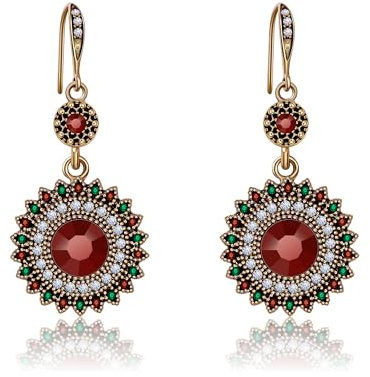 AILUOR Vintage Runde blaue Saphir Sonnenblumen baumeln Ohrringe, Frauen einzigartige Retro bunte ethnische böhmische Ohrringe Schmuck für Frauen (Gold-Rot)