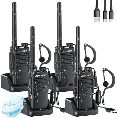 JUCJET EP31 Walkie-Talkie (4 Stück), IP54 wasserdichte Walkie-Talkies, PMR446-Walkie-Talkie mit Großer Reichweite, 2-in-1-TYP-C-Ladekabel, mit USB-Ladestation, original Kopfhörer. (Schwarz)