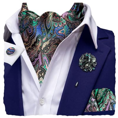 Hi-Tie Seide, Ascot für Herren, Krawatte und Blume, Anstecknadel, Taschentuch, Manschettenknöpfe, Set für Hochzeit, Party, Grün und Rosa, Medium