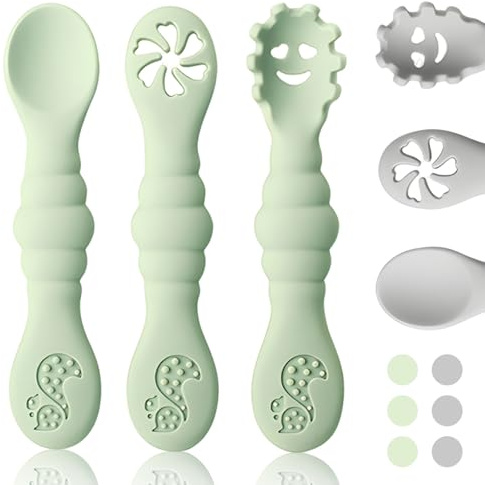 ORAGKE Esslernlöffel Baby BPA-frei, 6er Set Babylöffel Silikon Lernlöffel Weich, Baby Löffel für Beikost, Blw, Zubehör zum Selber Essen, Fütterlöffel für Kleinkinder ab 4 6 Monaten (Grün & Grau)