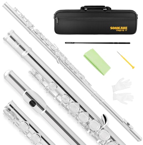 SONICAKE C Flöte geschlossene Grifflöcher 16 Klappen Flöte für Anfänger & Schüler Versilbert mit Hartschalenkoffer, Handschuhen, Stimmstab QFL-11