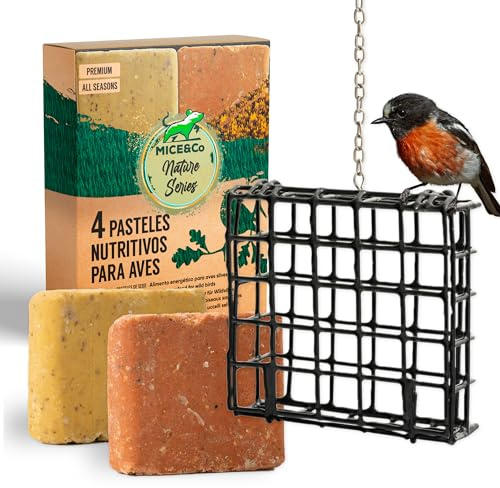 Mice&Co Futterstation für Wildvögel | Set mit Spender + 4 Energiekuchen | Lockt Wildvögel das Ganze Jahr in Ihren Garten, Leicht Nachfüllbar, Mit Beeren, Samen und Fetten, Einfach Aufhängen