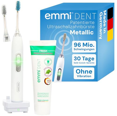 emmi-dent elektrische Ultraschall Zahnbürste mit 96 Mio. Schwingungen Metallic Weiß I Ultraschall Zahnbürsten für empfindliche Zähne & Zahnfleisch, Ultraschallzahnbürste ohne Schrubben