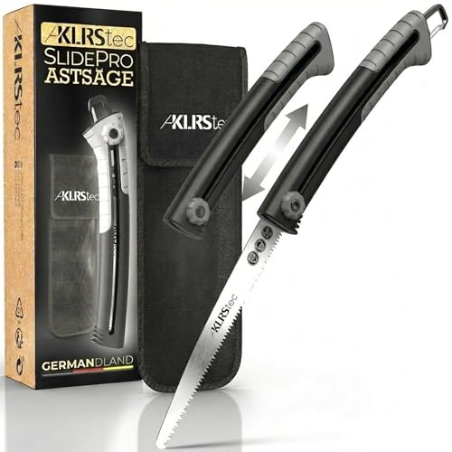 KLRStec SlidePro Astsäge [25cm Sägeblatt] Profi Handsäge mit Safety-Slide-Mechanismus aus SK5-Karbonstahl | Stabile Holzsäge, Gartensäge, Baumsäge & Outdoor Säge inkl. Tasche