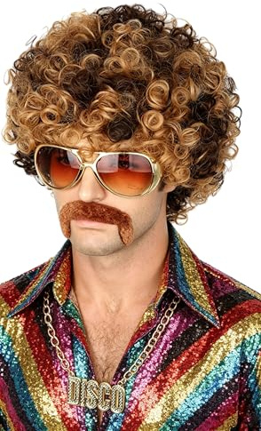 Topcosplay 3er-Pack Herrenperücke: 70er 80er Jahre Disco Dude Dirt Bag Perücke & Schnurrbart Halskette – kurz, lockig, Afro, Shaggy, Blond, gemischtes Schwarz