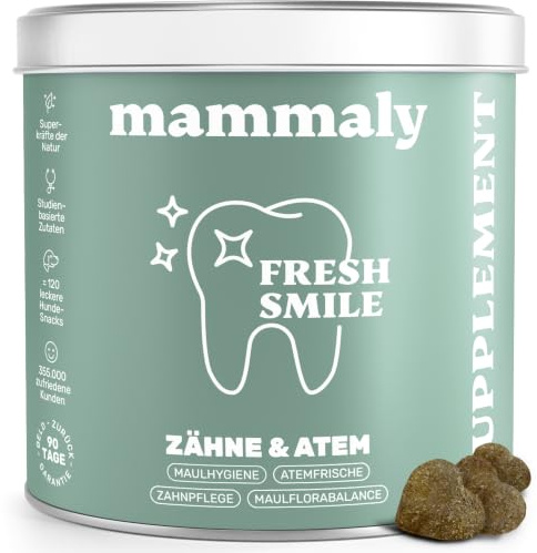 mammaly Fresh Smile® Zahnpflege-Komplex für Hunde mit Algenöl (120 Snacks) | Reicht ≈60 Tage für Zahnstein & Mundgeruch - mit Zink, Probiotika - bei Plaque - DLG zertifiziert - mit Tierärzten entwickelt