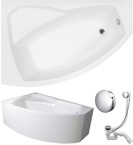 VBChome Badewanne 130x85 cm Acryl SET Schürze Siphon Wanne Ecke Eckbadewanne Weiß Design Modern Ablaufgarnitur Wanne links Schürze Ablaufgarnitur
