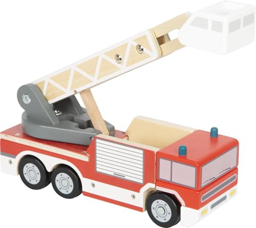 small Foot Feuerwehrauto mit Drehleiter aus Holz, Spielfahrzeug mit 360°-drehbarer Leiter und Korb, Spielzeug für Rettungseinsätze, ab 2 Jahren, 12638