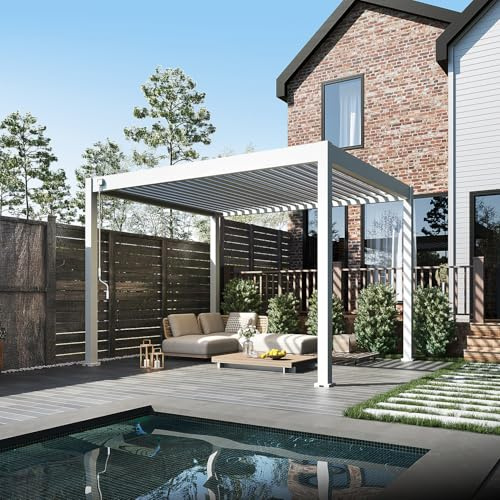 Weide Classic Aluminium Pergola 3x3,6 m Weiss freistehend | Witterungsbeständiger Pavillon mit verstellbarem Lamellendach, Handkurbel & Wasserablauf für Garten & Terrasse in Weiss.