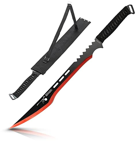 KOSxBO Machete mit roter Klinge Troodon Dinosaurier Edition - Gesamtlänge 63cm, Macheten mit Scheide, schwarz rot
