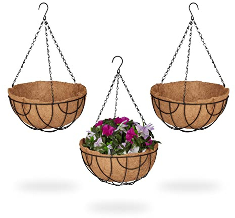 Relaxdays Blumenampel 3er Set, Kokoseinlage, HxD: 50x31 cm, Hängepflanzen, innen & außen, Metallgestell, braun/schwarz
