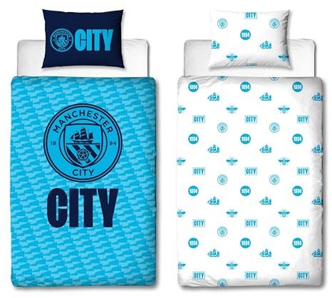 Manchester City FC Offizielles Bettwäsche-Set für Einzelbett, Crestcol-Design, wendbar, 2-seitig, Fußball-Bettwäsche, offizielles Lizenzprodukt, inkl. passendem Kissenbezug, Blau