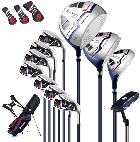GYMAX Komplettes Golfschlägerset, Golfset für Herren, Golfschlägersätze inkl. #1 Driver, #3 Fairway, #5 Hybrid, #5, #6, #7, #8, #9, #P, #S Eisen, Putter, 3 Schlägerhauben & Tragbare Standtasche (Blau)