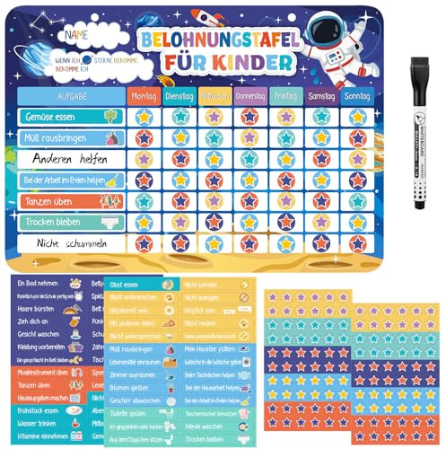 Magnetische Belohnungstafel Kinder, Magnettafel mit 52 Aufgaben Magnete und 120 Sternmagneten, Aufgabentafel Wochenplaner Belohnungssystem für Routine Verhalten Töpfchentraining (Weltraumplanet)
