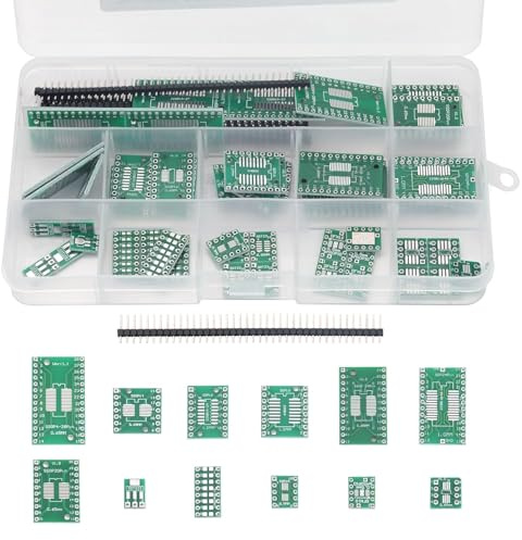 Harrisen SMD zu DIP Adapter PCB Board Kit, 70 Stück, 12-Arten | SOP8 SOP10 DFN10 SOP14 SOP16 SOP20 SOP24 SOP28, SOP89/SOT223, SMT 0402/0603/0805, 10 Stück 2,54mm Pin Header