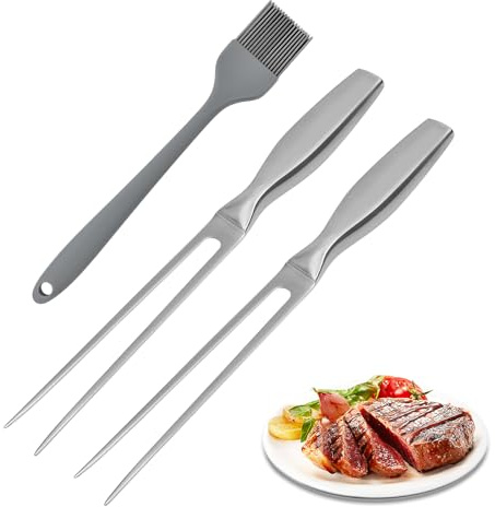 2 Stück Fleischgabel Edelstahl Grill 27 CM Lang Grillgabel Edelstahl mit Ölbürste Tragbar Groß Fleischgabel mit Ergonomischem Griff Grillgabel Tranchiergabel für Restaurant Küche BBQ Tranchieren
