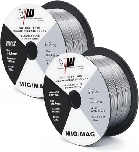 VECTOR WELDING Flux Fülldraht Ø 0,8 mm 2er Set für E71T-GS, niversell einsetzbar fülldraht schweißgerät zum Schweißen ohne Gas, je 1 kg D100/S100 Spule 16 mm Dorn, geeignet für viele MIG/MAG Geräte