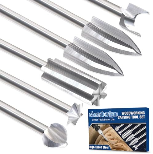 shengbenhao Holzschnitz-Bits für Dremel Drehwerkzeug | HSS-Gravierwerkzeug, 6PCS Verschiedene Schnitzbits, mit 1/8 Schaft für DIY Holz Schnitzen Gravieren Bohren Mikro-Skulptur