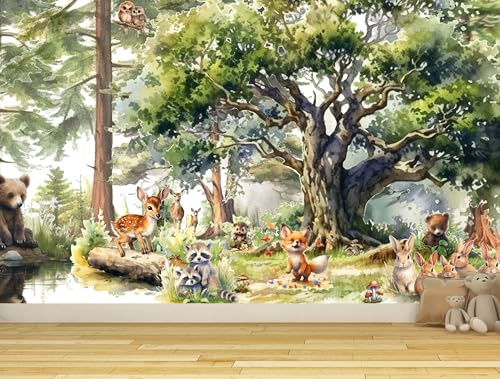 Fototapete Kinderzimmer, Wald, Waldtiere Bäume, Tapeten für Kinder Babyzimmer Vlies Tapeten wandtapete Mädchen und Jungen. Tapete nach Maß 1m2