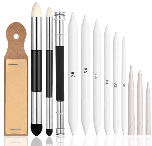 SHENLIU 13 Stück Papierwischer Set, Papierwischer Bleistift Skizzenwischer Blending Stumps und Tortillions Set mit Schleifpapier Zeichenwerkzeuge Für Abwischen Korrigieren