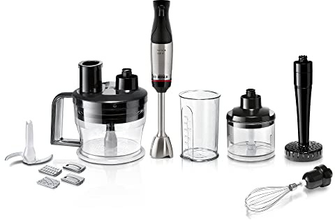 Bosch Stabmixer ErgoMaster Serie 6, 4 Edelstahl-Klingen, einhändig bedienbar, verschleißfreie Keramik-Kupplung, langlebig, Luftkühlung, Zerkleinerer, Kartoffelstampfer, Schneebesen, 1000 W, MSM6M673