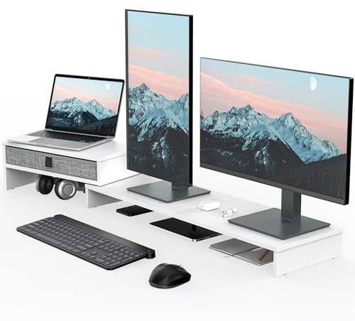 Fenge Dual Monitorständer,Länge und Winkel Einstellbar,108cm,Weiß | Monitorständer mit Schubladen,bildschirmerhöhung 2 monitore,für Computer TV Laptop,(78.3-113)x23.5x15.8cm,Tragfähigkeit 30kg