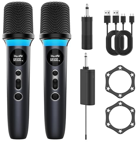 CARUDI Zwei Mikrofone, dynamische Hand funkmikrofon mit wiederaufladbarem Empfänger, One-Touch-Stummschaltung, 40 Stunden Akkulaufzeit, 200FT Übertragungsreichweite, ideal für Sing, Hochzeiten und DJ