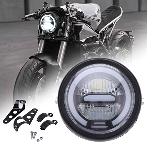 JMTBNO 6.5 Motorrad LED Frontscheinwerfer Schwarz 12V Universal Scheinwerfer Weißes Halo Lauflicht mit Halterung Kompatibel mit Honda Yamaha Suzuki Harley Cruiser Bobber Chopper Cafe Racer Retro
