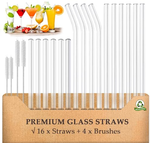 AOTWAN Glas Strohhalme Wiederverwendbar 20 Stück Glasstrohhalme, 6 Kurz + 6 Lange Geraden Glas-Strohhalme, 4 gebogenem Trinkhalme mit 4 Reinigungsbürsten für Cocktails, Smoothie und Säfte