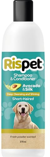 RISPET Shampoo und Spülung, Avocado und Seide, Wasch- und Desinfektionsmittel für Hunde und kurzhaarige Tiere, Zarte Formel ohne Allergene und ausgeglichener pH-Wert, Talkum-Duft, 370 ml