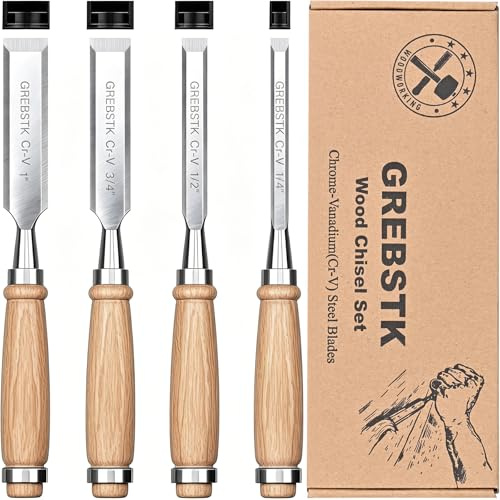 GREBSTK 4-teiliges scharfes Holzstechbeitel-Set, abgeschrägte CR-V-Stahl-Klingen mit Schutzkappen, komfortabler, langlebiger Griff, für Schnitzen, Heimwerken & Holzbearbeitung (6mm,13mm,19mm,25mm)